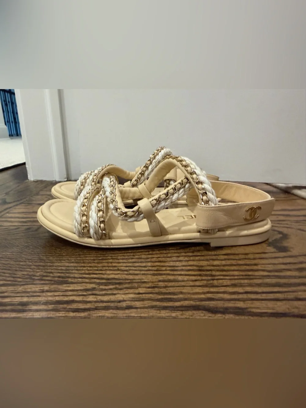 CHANEL Cream Braided & Chain Strap Sandals